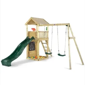 Holz Aussichtsturm mit Doppelschaukel, Outdoor-Spielturm, Kletterwand, Rutsche, Sandkasten, Kreidetafel, natur Geprüft